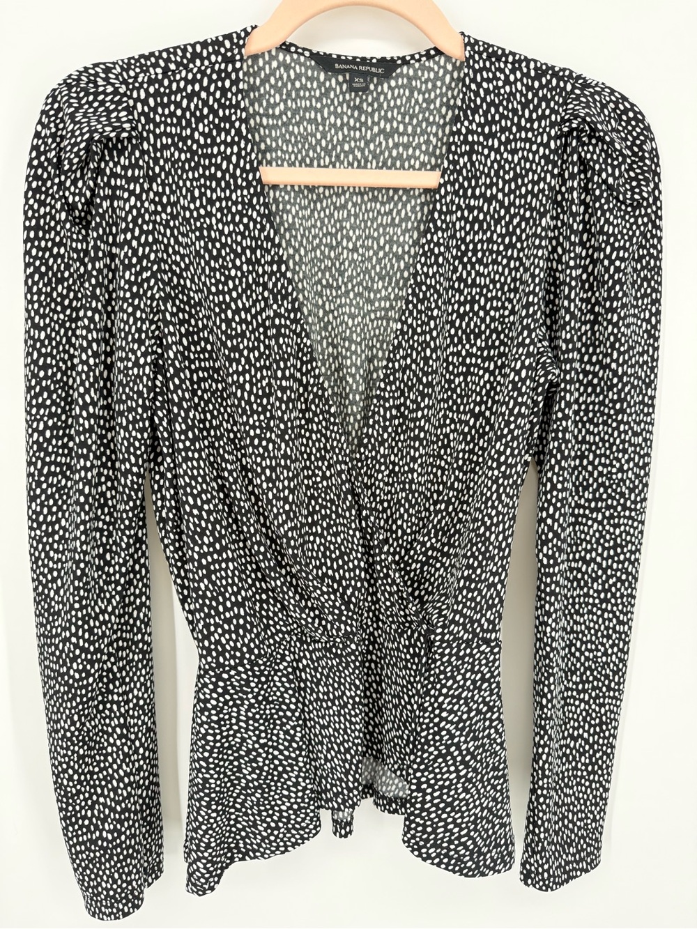 Banana‎ Republic Women Black Faux Wrap Blouse Long Sleeve XS Peplum Polka Dot
